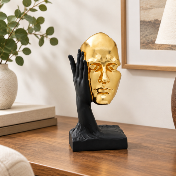 Abstract Face Sculpture Bust, Hear No Evil, 12.99 x 6.69 x 6.69 Inches, Decorative Statue for Shelves and Tables