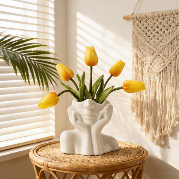 Abstract Face Shaped Ceramic Vase - White Human Figure Decorative Vase for Flowers, Tabletop Centerpiece for Living Room Bedroom Office Shelf Decor