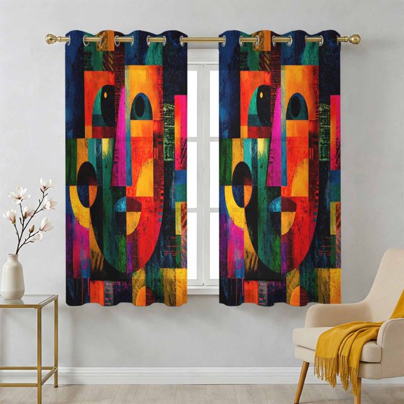 Abstract Face Sheer Curtains 39 Inch Long 2 Panels, Colorful Boho Modern Geometric Splicing Light Filtering Semi Sheer Drapes Grommet Voile Window Curtain for Living Bedroom W27.9 x L39