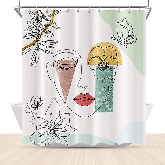 Abstract Face Shower Curtain Line Art Flowers Minimalist Aesthetic Mid Century Modern Boho Shower Curtain 72x72 Inch Polyester Fabric Funny Dorm Bathroom Decor with Hooks 72Wx72L Abstract Face