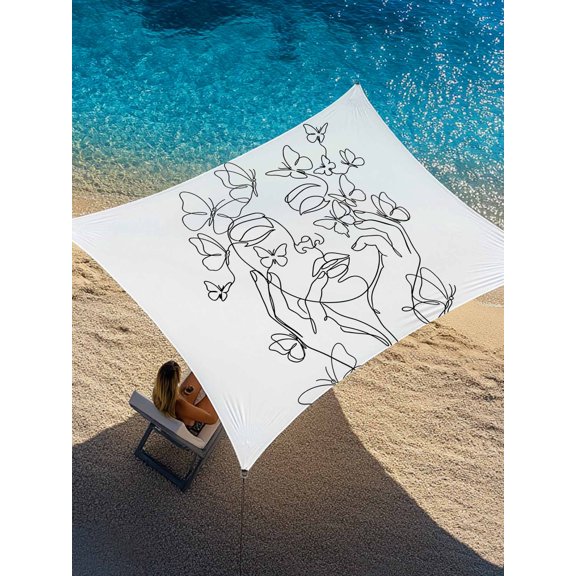 Abstract Face Sun Shade Sail 6.5' x 10', Black Lines Women Face Floral Butterfly Silhouette Art Rectangle Outdoor Sunshade Canopy, Waterproof UV Block Patio Covers for Garden Yard Beach
