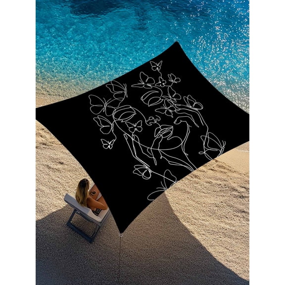 Abstract Face Sun Shade Sail 8' x 10', White Lines Women Face Floral Butterfly Silhouette Black Rectangle Outdoor Sunshade Canopy, Waterproof UV Block Patio Covers for Garden Yard Beach