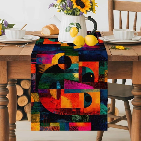 Abstract Face Table Runner 13x36 Inch Colorful Boho Modern Geometric Splicing Cotton Linen Dining Table Runner Ideal for Dresser Kitchen Coffee Tables - Machine Washable