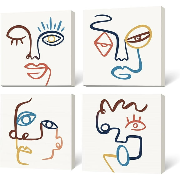 Abstract Face Wall Art Boho Decor Minimalist Line Drawing Artwork Mid-Century Morocco Pictures Shabby Chic Beige Framed Canvas Prints for Bathroom Bedroom Living Room - 12" x 12" 4 panel