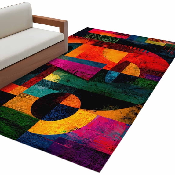 Abstract Face Washable Area Rugs 2.7'x5', Colorful Boho Modern Geometric Splicing Low Pile Throw Living Room Rug Non-Slip Sturdy Edge Binding Carpet for Indoor Entryway Bedside Kitchen
