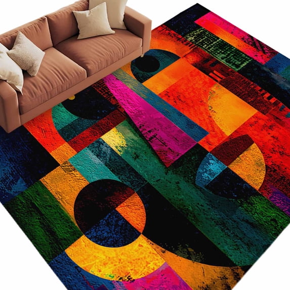Abstract Face Washable Living Room Rugs 8'x10', Colorful Boho Modern Geometric Splicing Low Pile Throw Large Area Rug Non-Slip Sturdy Edge Binding Carpet for Bedroom Dining Room Office