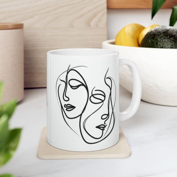 Abstract Faces Ceramic Coffee Mug Minimalist Line Art.