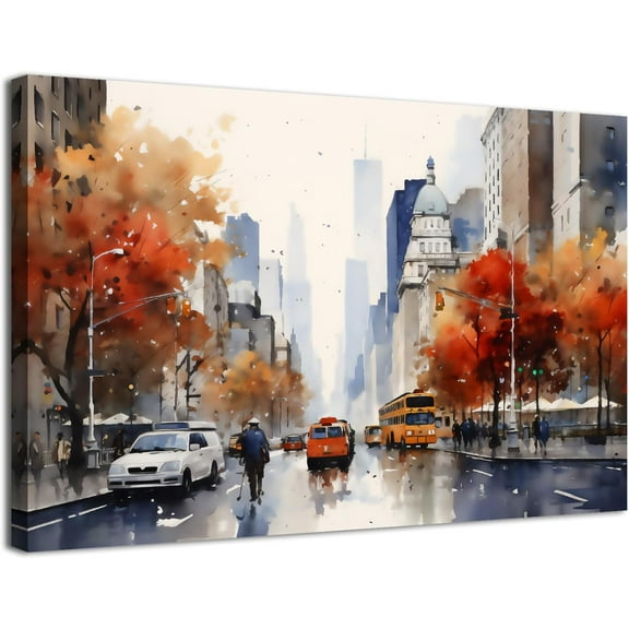 Abstract Fall City Wall Art for Living Room Decor Watercolor City Landscape Canvas Prints Pictures Autumn Street View Scenery Posters City Building Artwork for Bedroom Office Home Decorations 12x16"