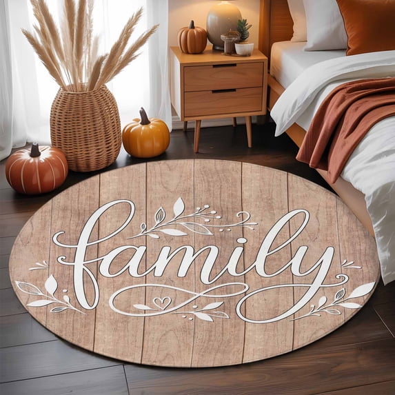 Abstract Family Text Leaf Round Area Rug 4ft,Living Room Rug Non-Slip ...