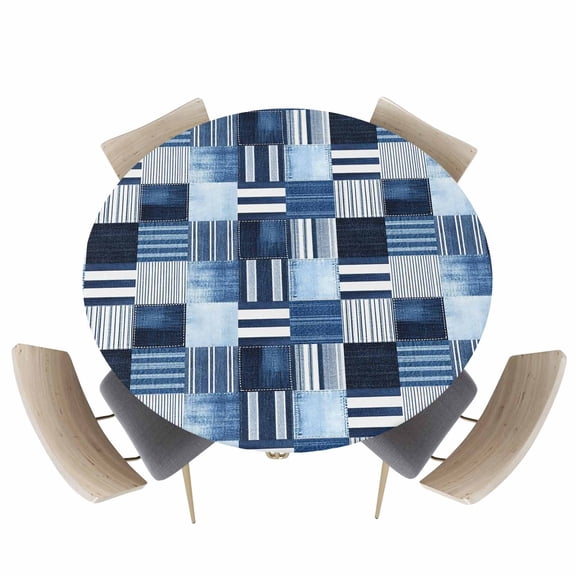Abstract Farm Checker Stripe Fitted Round Tablecloths Elastic Edged Table Covers 45"-54",Retro Blue Geometric Plaid Waterproof Dining Room Table Cloth for Kitchen Holiday Party Tables Decor