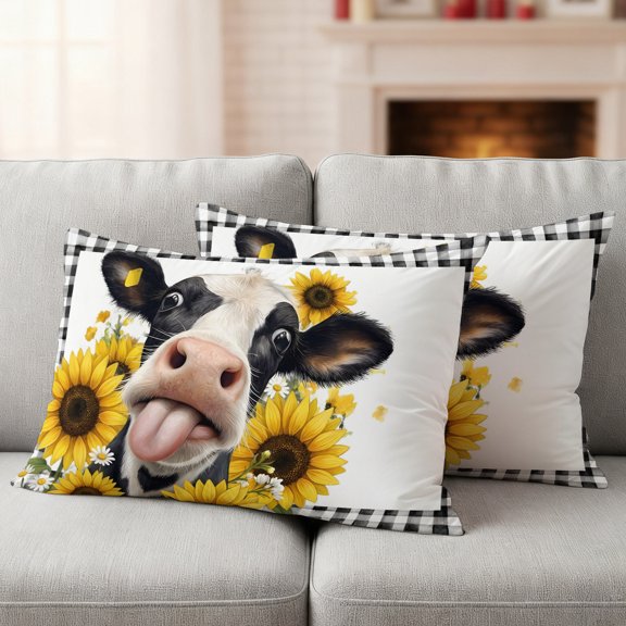 Abstract Farm Cow Sunflower Waterproof Throw Pillow Covers Set of 2 Farmhouse Animal Plant Checkered Outdoor Cushion Cover Pillow Protector Decorative Pillowcases for Bed Sofa Couch