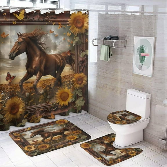 Abstract Farm Sunflower Horse Shower Curtain Set Decorative Rustic Farmhouse Theme Animal Horse Spring Floral Butterfly 4 Piece Shower Curtain, Toilet Cover, U-Mat, Floor Mat