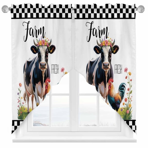 Abstract Farm Swag Curtain Valance for Windows, Rooster Cow Sunflower Black White Check Window Treatments Short Swag Topper for Kitchen Windows Bathroom Bedroom, 36"x45"
