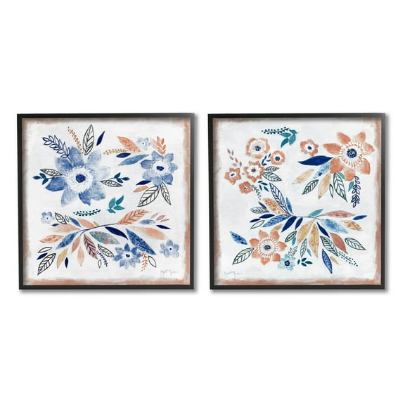 Abstract Farmhouse Flowers and Leaves Botanical & Floral Painting Black Framed Art Print Wall Art, Set of 2