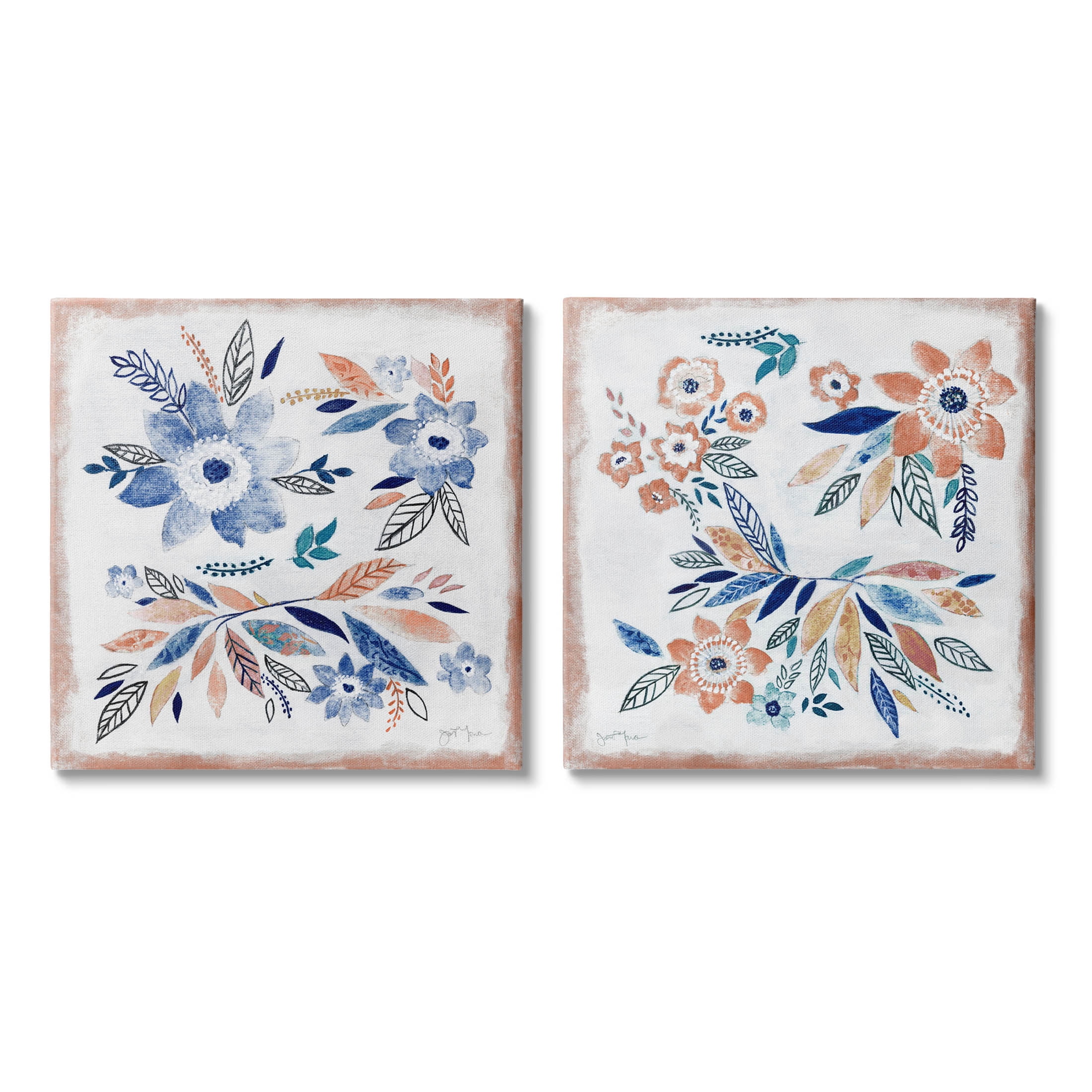 Abstract Farmhouse Flowers and Leaves Botanical & Floral Painting Gallery Wrapped Canvas Print Wall Art, Set of 2