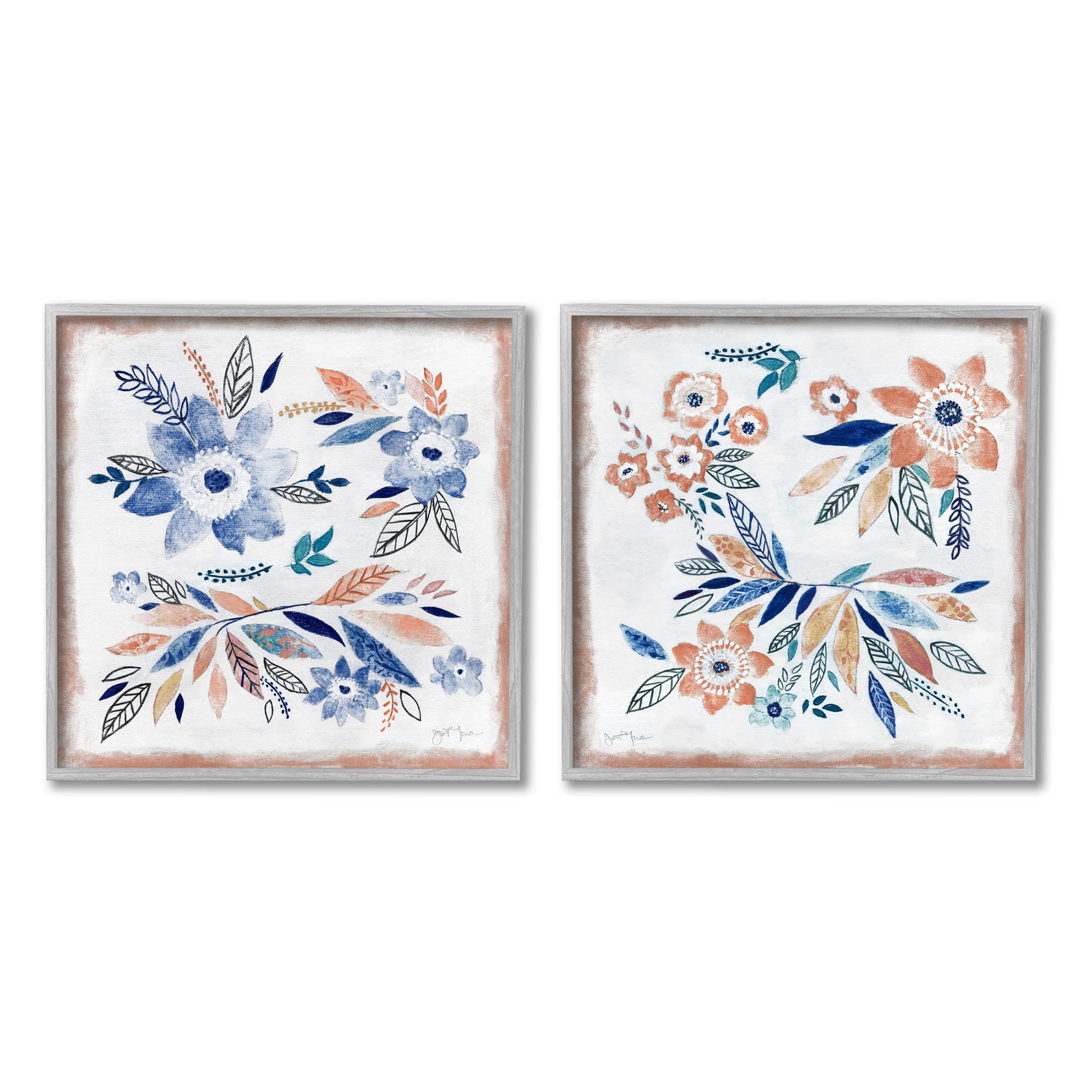 Abstract Farmhouse Flowers and Leaves Botanical & Floral Painting Gray Framed Art Print Wall Art, Set of 2