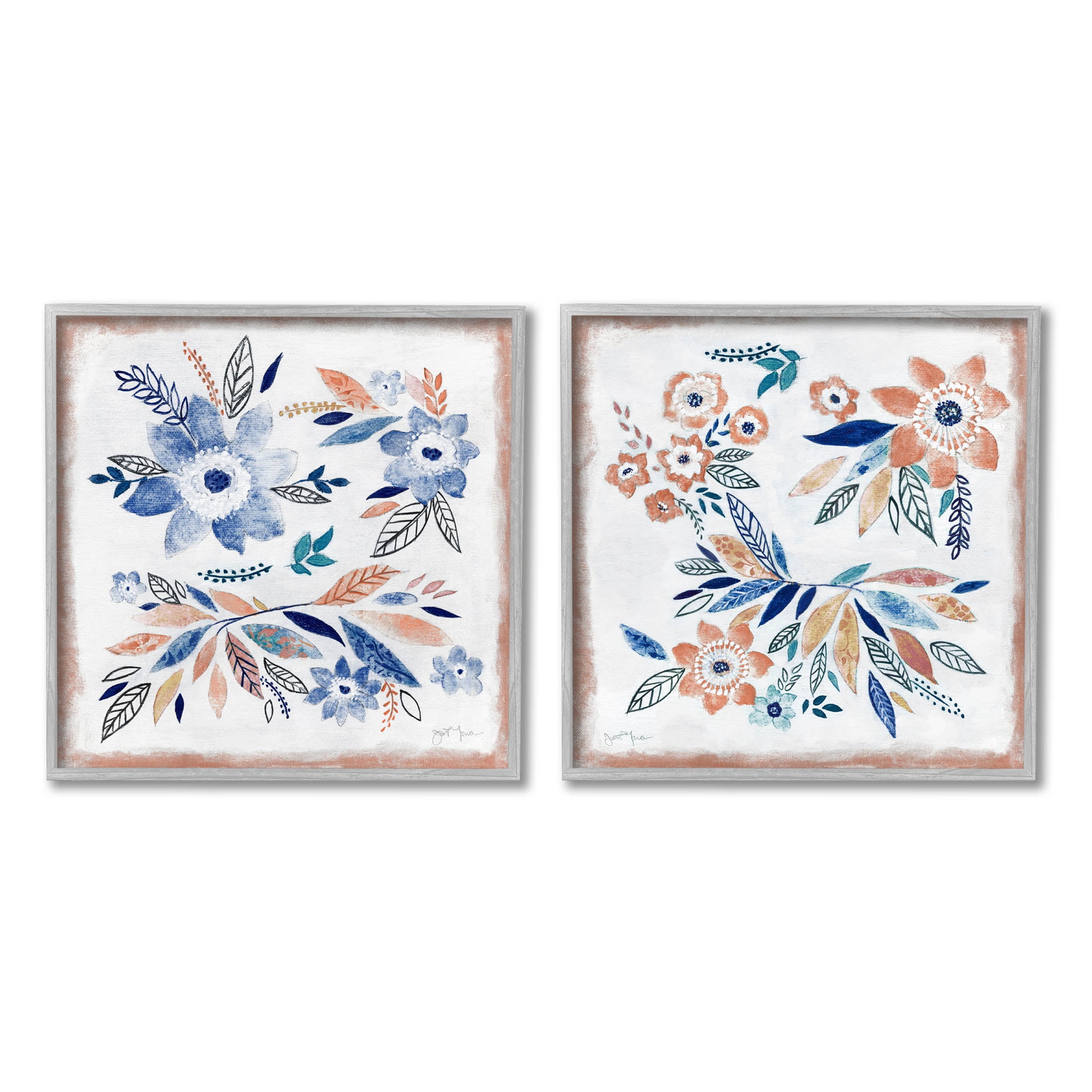 Abstract Farmhouse Flowers and Leaves Botanical & Floral Painting Gray Framed Art Print Wall Art, Set of 2