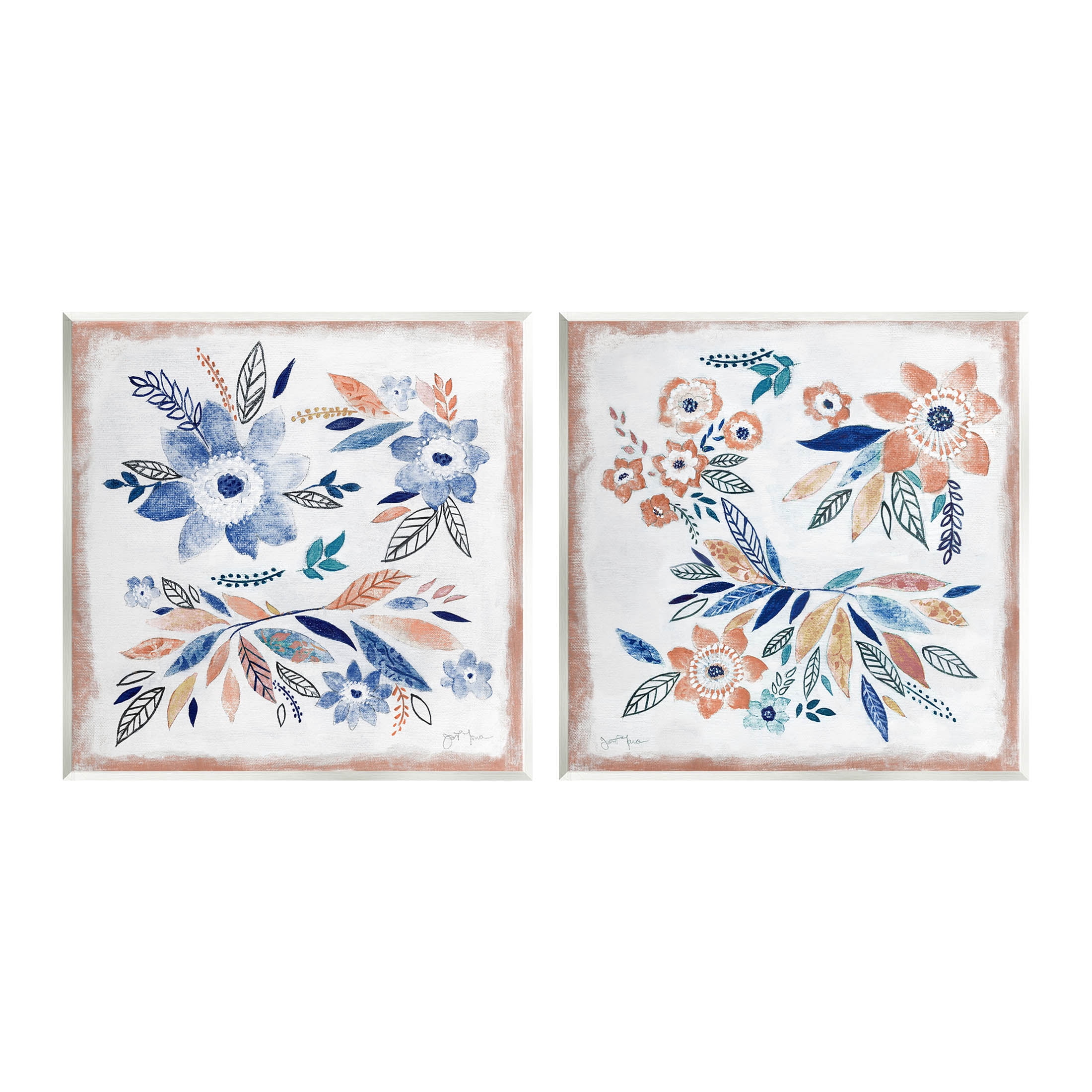 Abstract Farmhouse Flowers and Leaves Botanical & Floral Painting Unframed Art Print Wall Art, Set of 2
