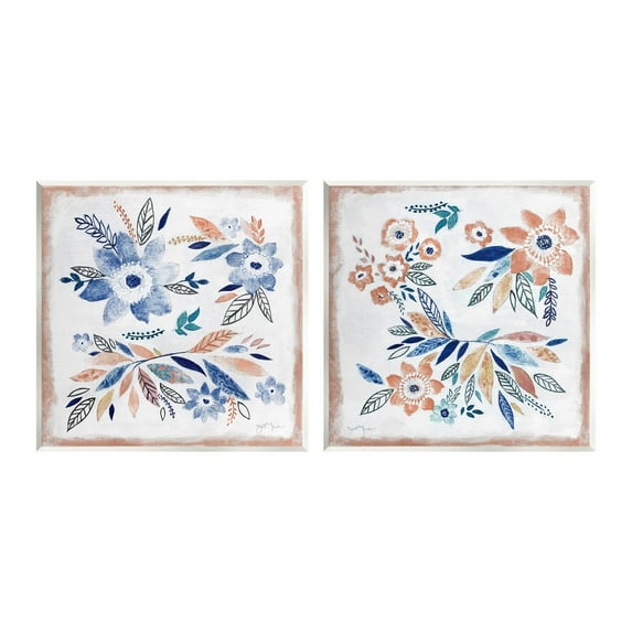 Abstract Farmhouse Flowers and Leaves Botanical & Floral Painting Unframed Art Print Wall Art, Set of 2