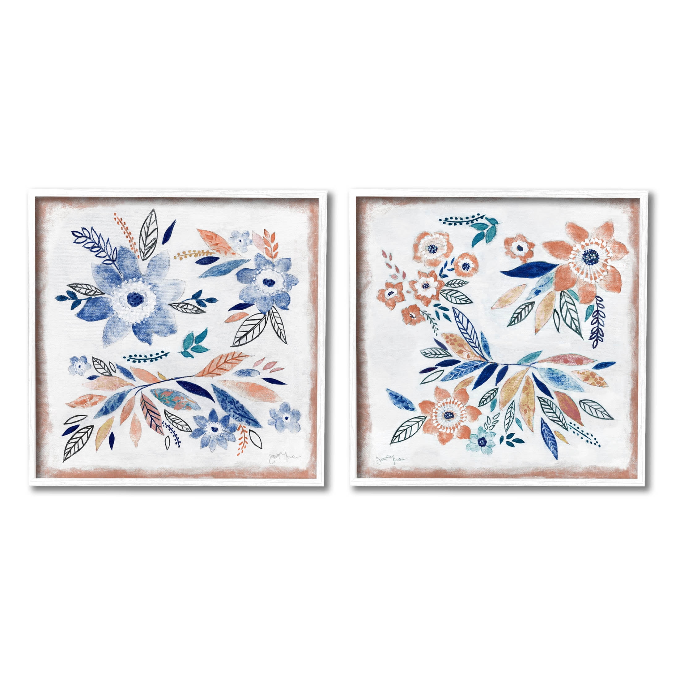 Abstract Farmhouse Flowers and Leaves Botanical & Floral Painting White Framed Art Print Wall Art, Set of 2