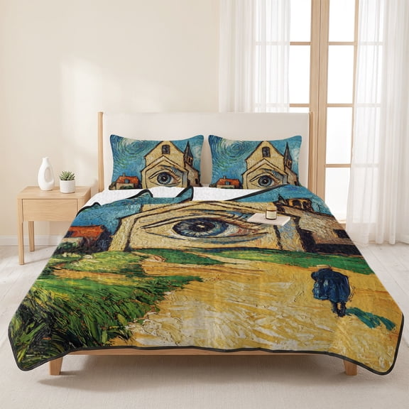 Abstract Farmhouse Starry Night Eye 3 Pieces Quilt Set,1 Quilt with 2 Shams,Rustic Oil Painting Art Bedspread Soft Lightweight Bedding Coverlet Comforter Set for All Season 96"x106"
