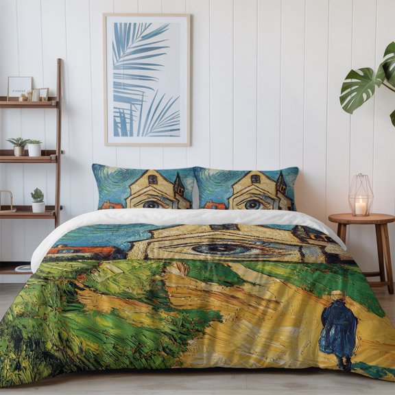 Abstract Farmhouse Starry Night Eye California King Size Bed Set,Rustic Oil Painting Art Bedding for All Seasons,4 Pcs Bed Set with 1 Quiltcover (96"x104"),1 Sheet (110"x98"),2 Pillowcases (20"x36")