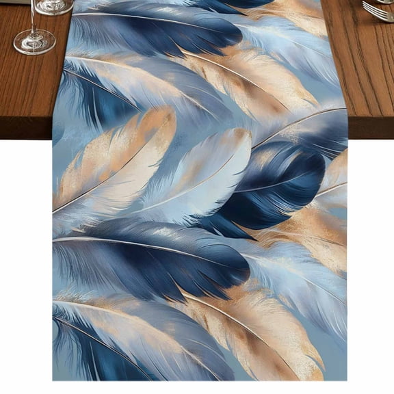 Abstract Feather 48 Inch Table Runner, Modern Gold Blue Graffiti Painting Art Farmhouse Dresser Scarf Cotton & Linen Tablerunner for Dining/Kitchen Island/Holiday Party Décor 13" x 48"