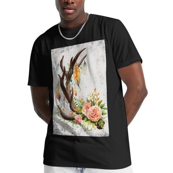Abstract Feather Floral Elk Antler Picture Mens Graphic T-Shirt（Black）