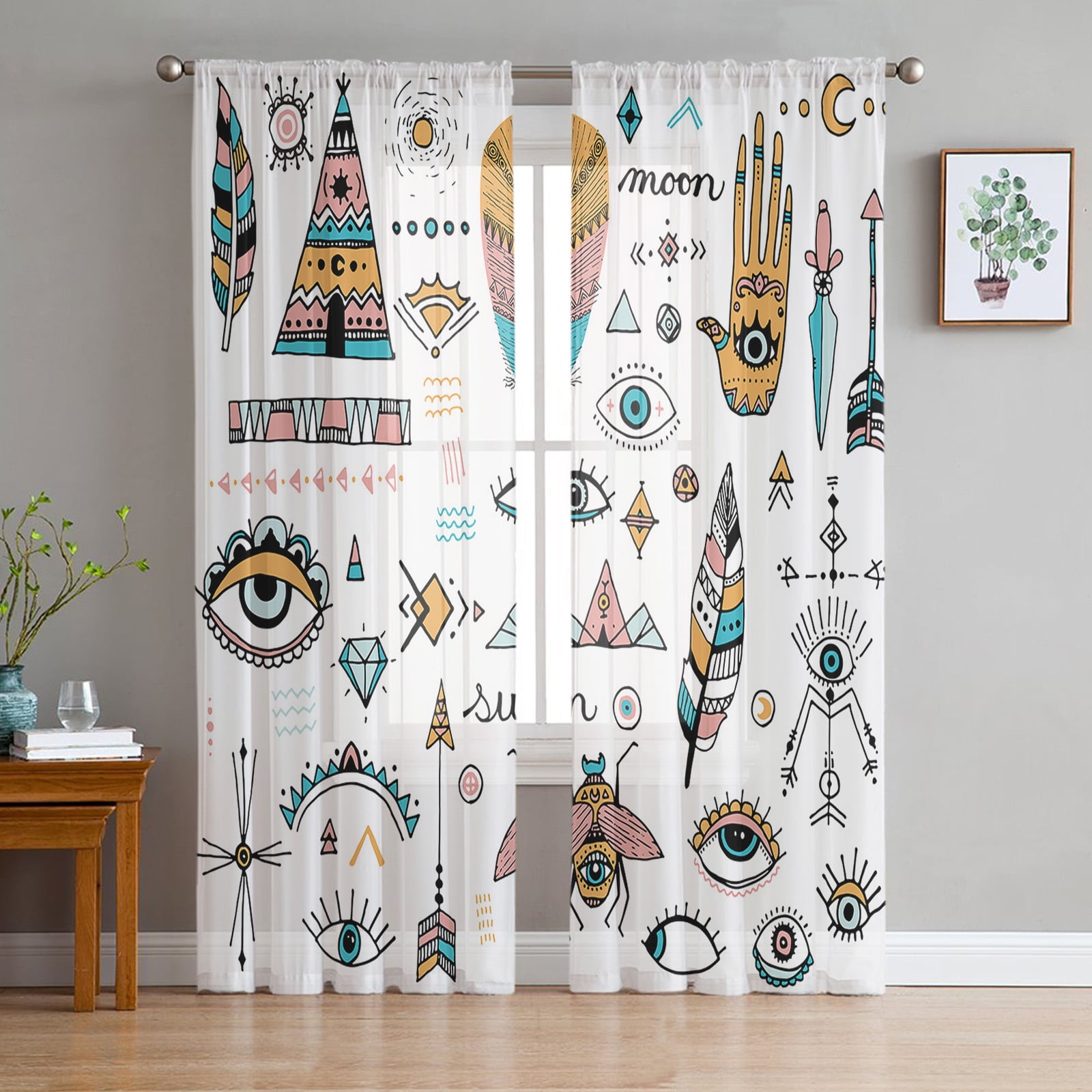 Abstract Feather Geometry Voile Sheer Curtains For Living Room Window