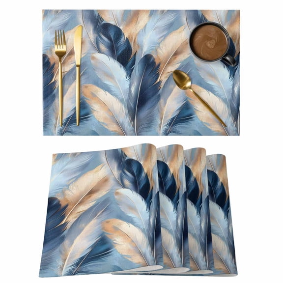 Abstract Feather Placemats Set of 6 Modern Gold Blue Graffiti Painting Art Place Mats Indoor Wipeable Table Mats Washable Cloth Dining Table Placemats for Kitchen Holiday Party Home Decor 13x19 Inch