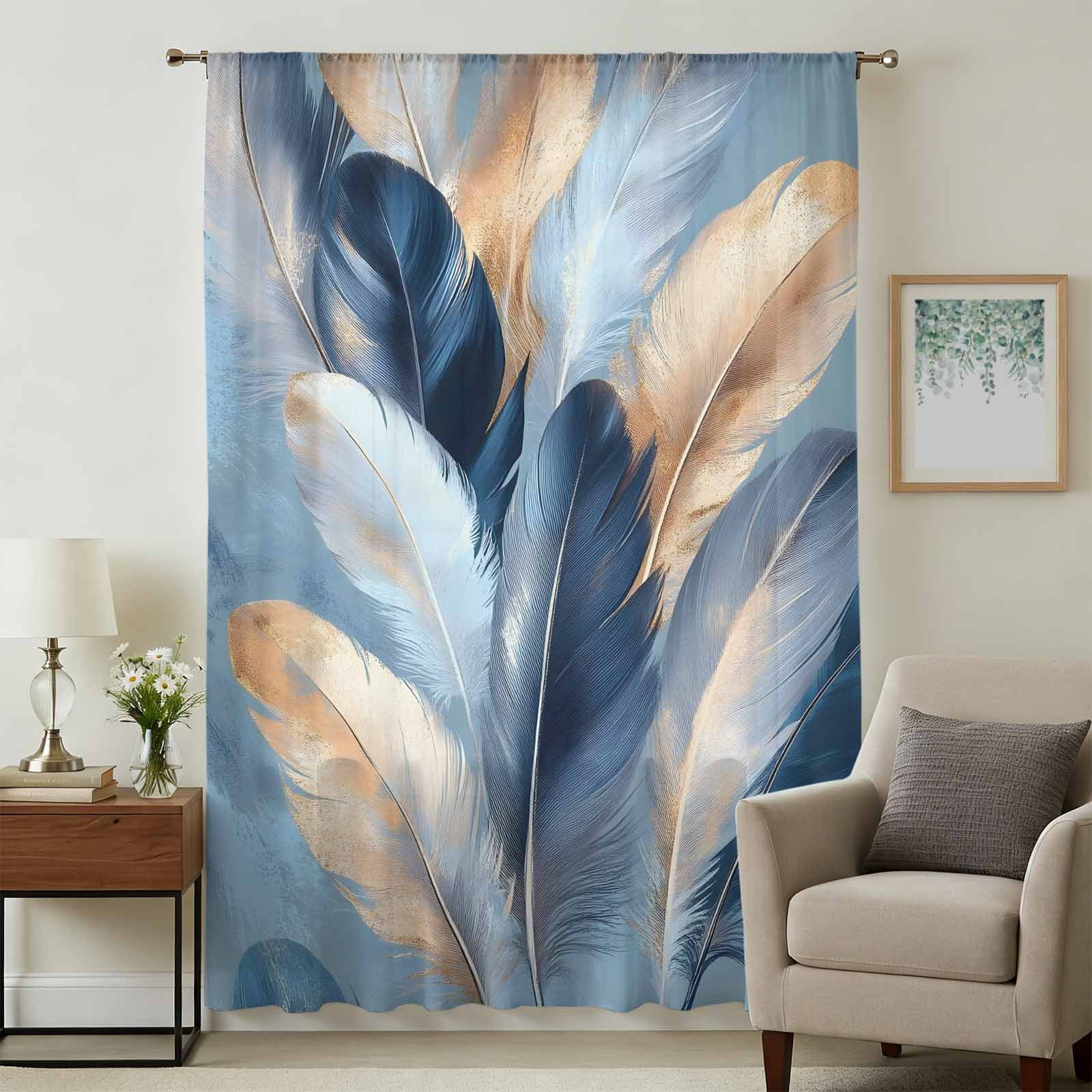 Abstract Feather Sheer Curtains 96 Inches Long, Modern Gold Blue ...
