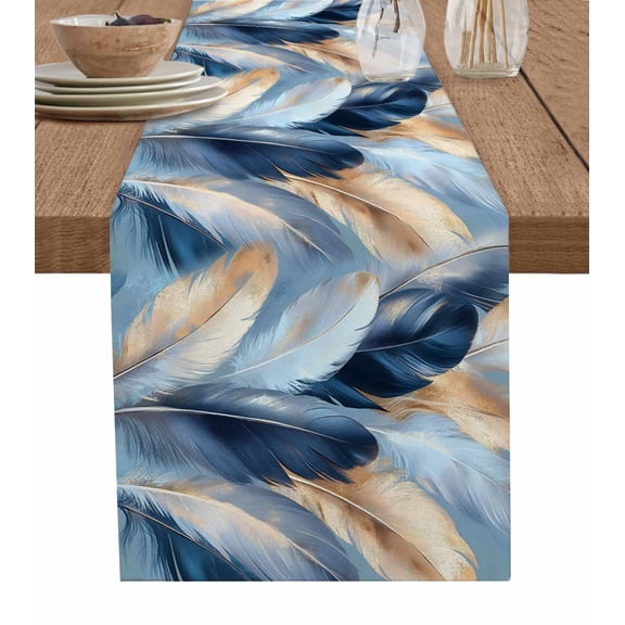 Abstract Feather Table Runner 70 Inches, Modern Gold Blue Graffiti Painting Art Bed Runner Dresser Scarves Tabletop for Indoor Outdoor Parties/Ceremony/Banquet, 13" x 70"