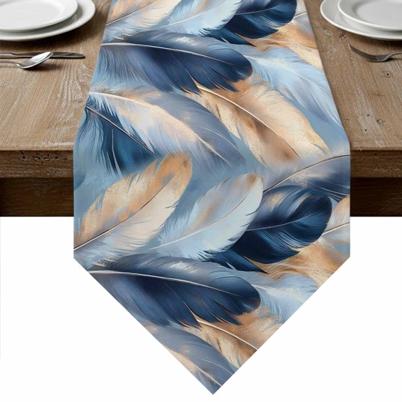 Abstract Feather Table Runner Linen Burlap Table Runner 48 Inches Long Modern Gold Blue Graffiti Painting Art Dresser Scarves for Kitchen Island Coffee Dining Party Wedding Holiday Decor 13"x48"