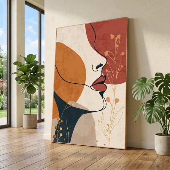 Abstract Female Profile Minimalist Boho Earth Tone Line Art Portrait ...