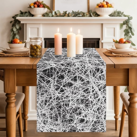 Abstract Fiber Line Dining Table Runner, Spring Vibrant Black White Art Cobweb Washable Table Runners Kitchen Coffee Table Center Decor for Home Party Holiday Wedding 13 x 90 Inches