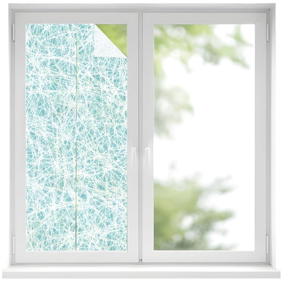 Abstract Fiber Line Window Privacy Film, Spring Vibrant Blue White Art Cobweb Frosted Glass Window Clings Static Cling UV Heat Blocking Reusable Door Sticker for Bathroom 19.6 x 39.3 Inch