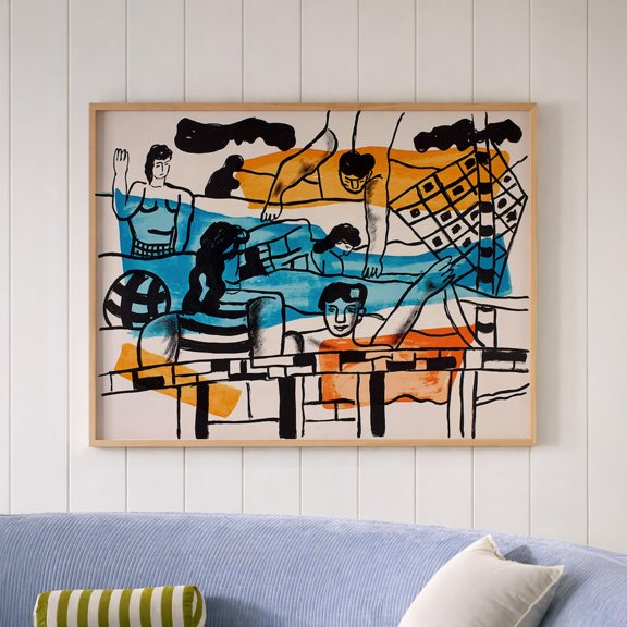 Abstract Figurative Modern Line Art In Blue And Orange, Unframed Canvas