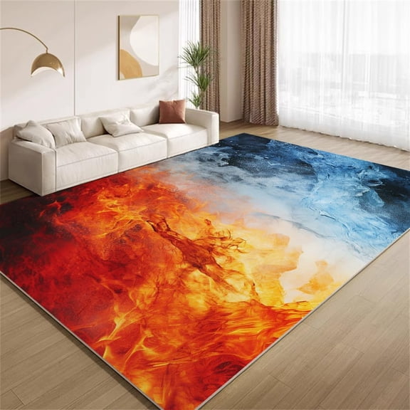 Abstract Fire Ice Area Rugs, Red Blue Contrast Carpet, Washable Non Slip Low Pile Soft Rug for Bedroom Living Room Decor Mat 2ftx3ft