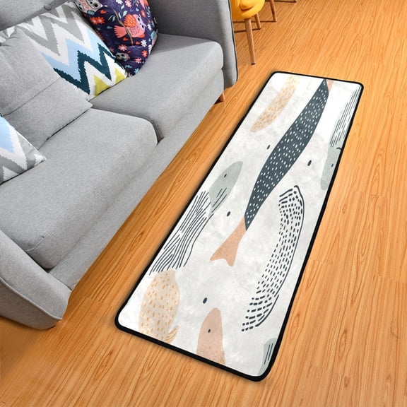 Abstract Fish Design Long Area Rug 72" x 24" Non-Slip Polyester with Cotton Padding