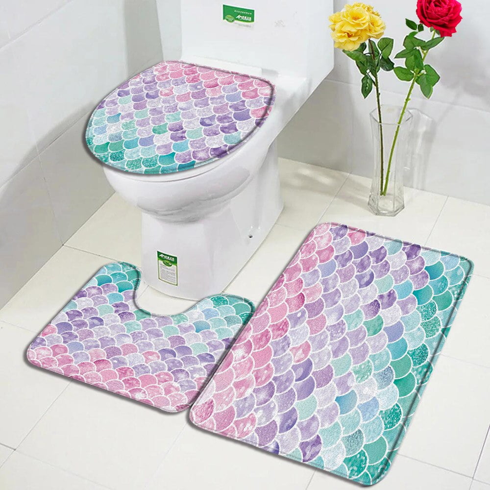 Abstract Fish Scales Bath Mat Sets Pink Blue Geometric Pattern Creative