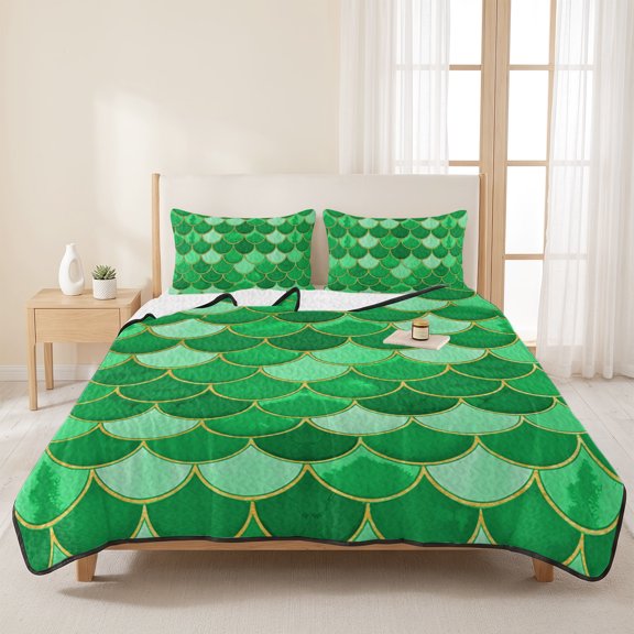 Abstract Fish Scales Pattern 3 Pieces Quilt Set,1 Quilt with 2 Shams,Green Ombre Gold Line Bedspread Soft Lightweight Bedding Coverlet Comforter Set for All Season 96"x106"