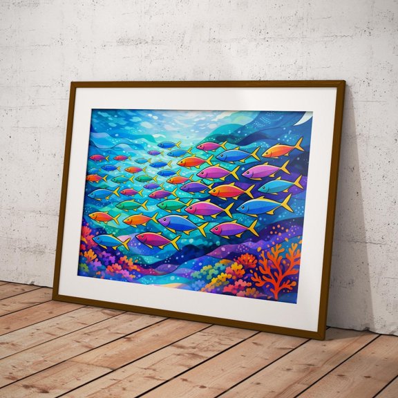 Abstract Fish Vibrant Fish Shoal Print Coral Reef Art, Unframed Paper Print