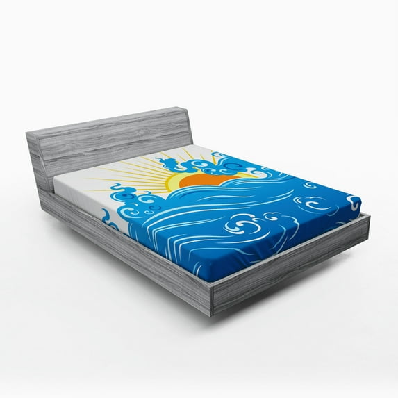 Abstract Fitted Sheet, Curved Ocean Waves with Sun Rising with Vibrant Sharp Rays Seascape Art, Soft Decorative Fabric Bedding, Full Size, Blue Yellow Orange, by Ambesonne