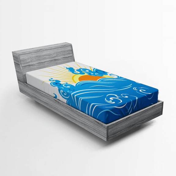 Abstract Fitted Sheet, Curved Ocean Waves with Sun Rising with Vibrant Sharp Rays Seascape Art, Soft Decorative Fabric Bedding, Twin XL Size, Blue Yellow Orange, by Ambesonne