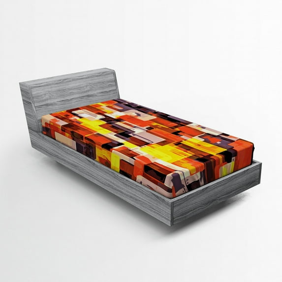Ambesonne Geometric Fitted Sheet, Modern Painting, Twin XL Size, Orange Yellow and White
