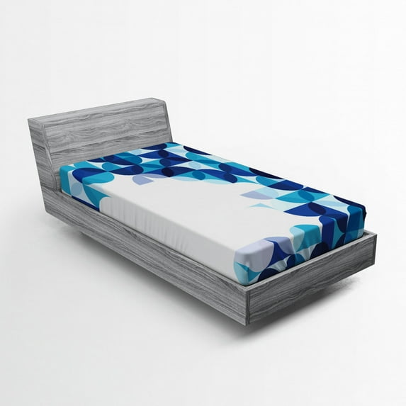 Ambesonne Geometric Fitted Sheet, Modern White Circles, Twin XL Size, Dark Blue White and Blue