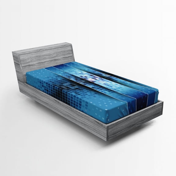 Abstract Fitted Sheet, Mosaic Pattern with Fragments Little Ceramic Style Square Digital Image Art, Soft Decorative Fabric Bedding, Twin Size, Indigo Sky Blue, by Ambesonne