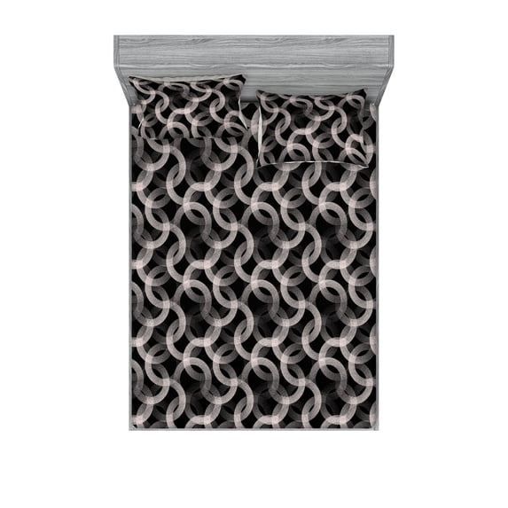 Abstract Fitted Sheet & Pillow Sham Set, Circles Intertwined Halftone Dots Repetitive Modern Geometric Pattern, Decorative Printed 3 Piece Bedding Decor, Queen, Black and Pale Pink, by Ambesonne