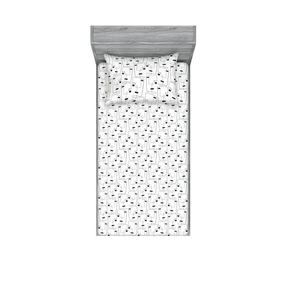 Abstract Fitted Sheet & Pillow Sham Set, Contemporary Art Minimal Line Drawing Repeated Pattern of Abstract Forms, Decorative Printed 2 Piece Bedding Decor, Twin, White Charcoal Grey, by Ambesonne