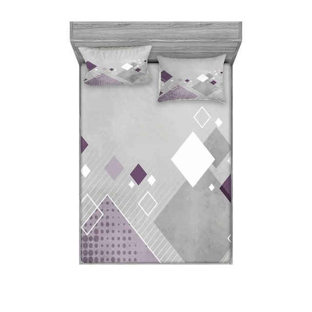 Abstract Fitted Sheet & Pillow Sham Set, Geometric Composition Different Colored Squares Striped Dotted Rhombus, Decorative Printed 6 Piece Bedding Decor Set, King, Purple White Grey, by Ambesonne